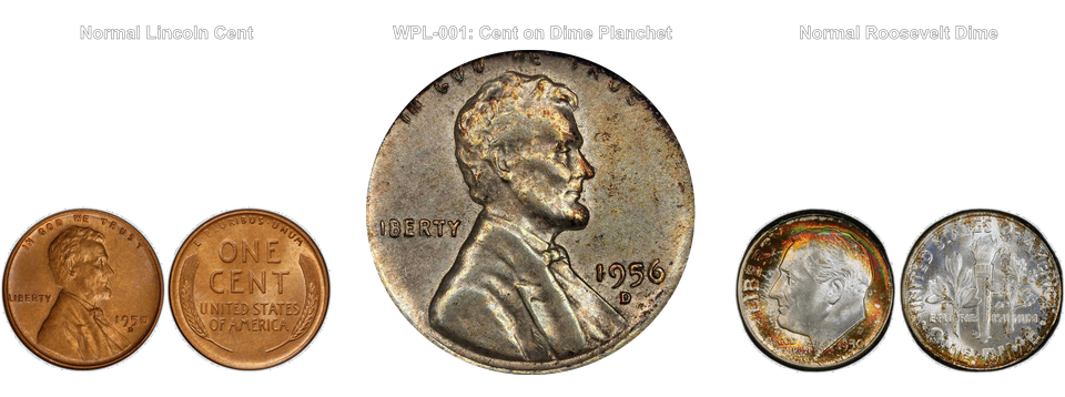 Size comparison: normal Lincoln cent (left), WPL 001 cent on dime planchet (center), normal Roosevelt dime (right)