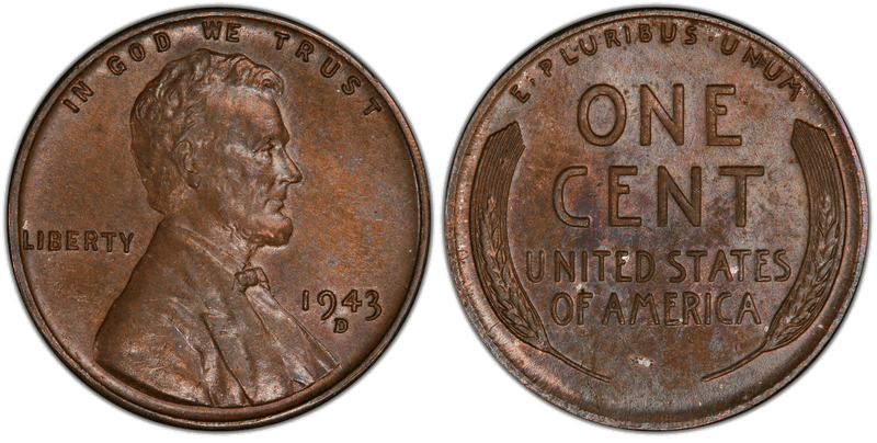 The unique 1943-D bronze cent, the only known copper 1943 Lincoln cent from the Denver Mint.