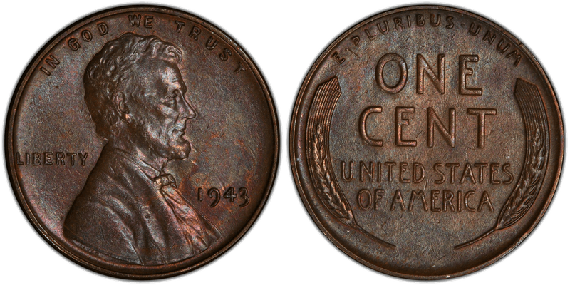 A genuine 1943 bronze (copper) Lincoln cent from Philadelphia, struck by mistake on a leftover 1942 blank.