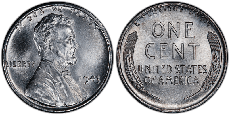 A 1943 Lincoln cent in zinc-coated steel, the one-year wartime composition. A magnet sticks to it.