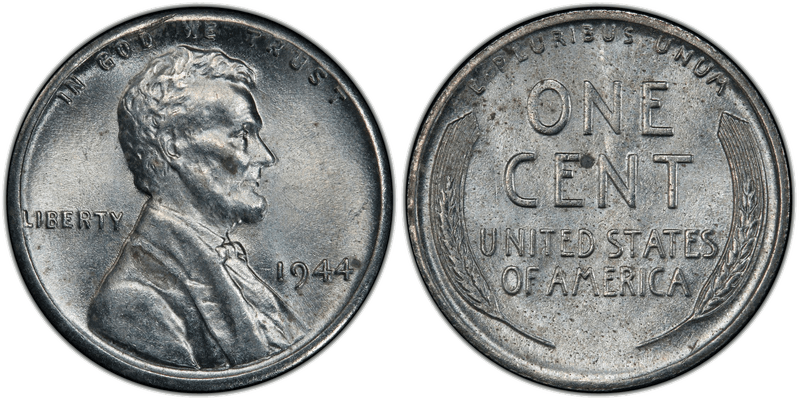 A 1944 steel cent, the reverse error: a few were struck on leftover 1943 steel blanks after the Mint had already switched back to copper.