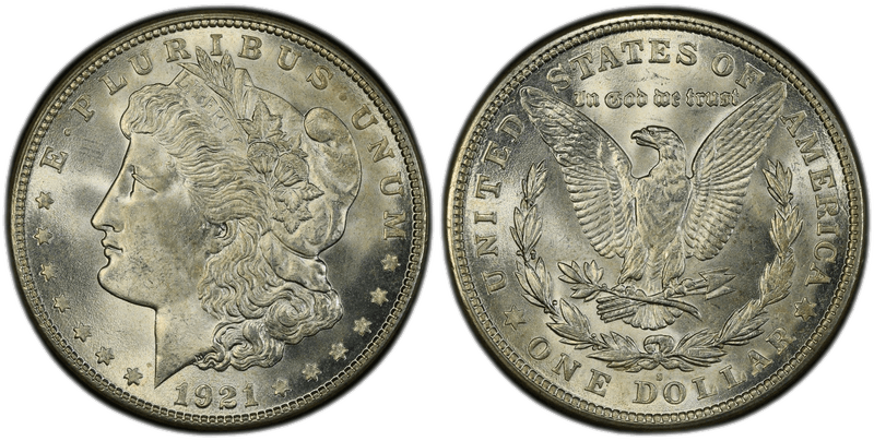 The 1921 Morgan dollar — the design returned after a 17-year gap, purely to satisfy the Pittman Act's re-coinage requirement.