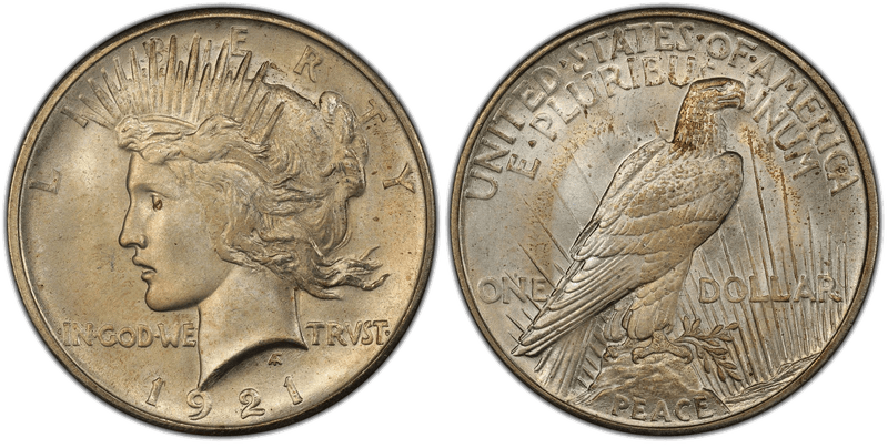 The 1921 Peace dollar in high relief — a new design born in the middle of the Pittman Act re-coinage.
