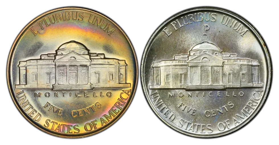 Two 1942 nickels: the regular copper-nickel coin with no mint mark, and the wartime 1942-P with its large P above Monticello.