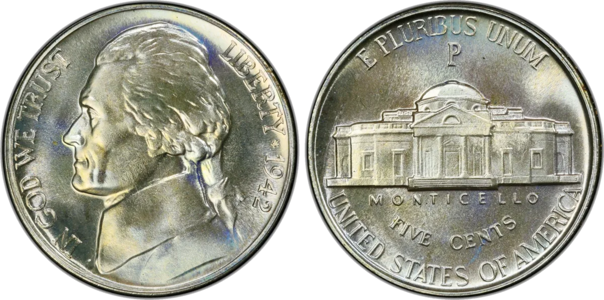 A 1942-P Jefferson nickel in the wartime silver alloy, with the large P above Monticello.