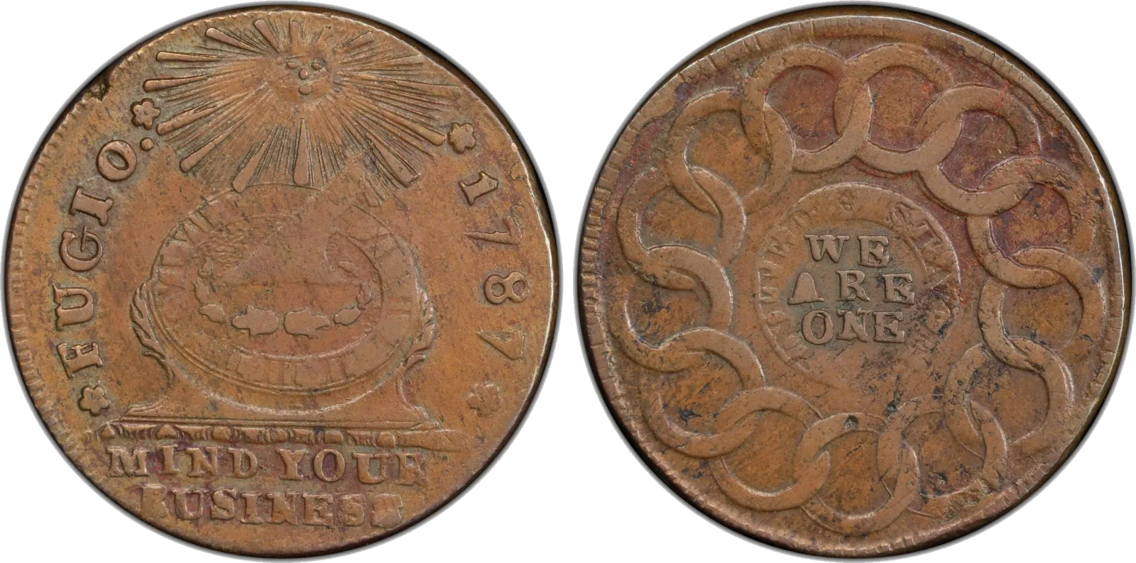 A 1787 Fugio cent: the sun and sundial with FUGIO and MIND YOUR BUSINESS, and the thirteen linked rings around WE ARE ONE.