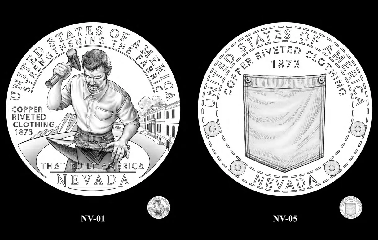 Nevada candidates NV-01 (the Commission of Fine Arts' pick) and NV-05 (the CCAC's pick). Candidate designs: U.S. Mint, via CCAC/CFA public meeting materials.