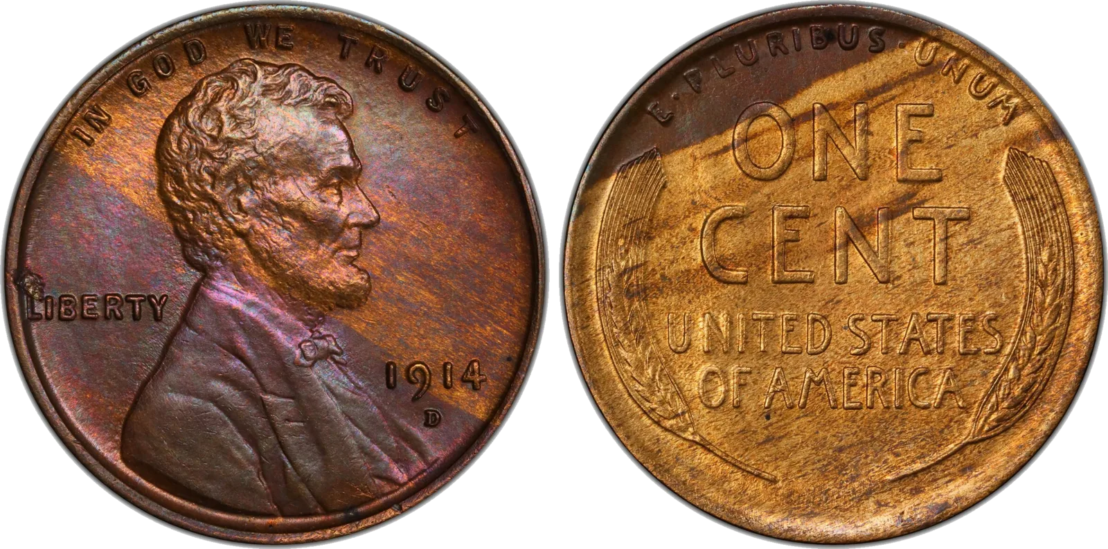 Even a key date can be a woodie: this 1914-D Lincoln cent shows a bold diagonal band across the reverse.