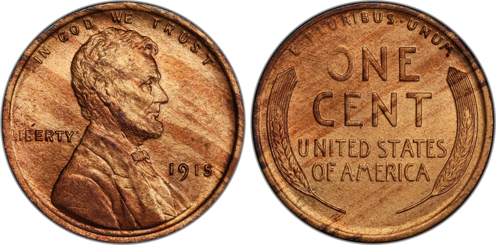 A 1915 Lincoln cent woodie: light and dark bands run diagonally across both sides.