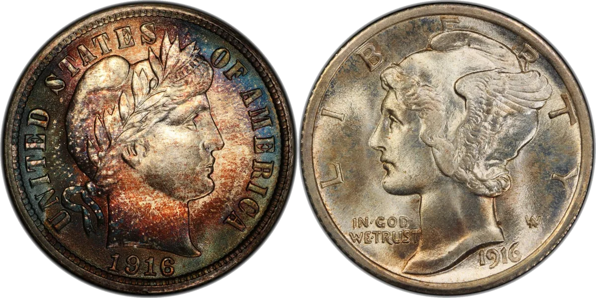 Two 1916 dimes: the Barber design it replaced, and Weinman's Winged Liberty.