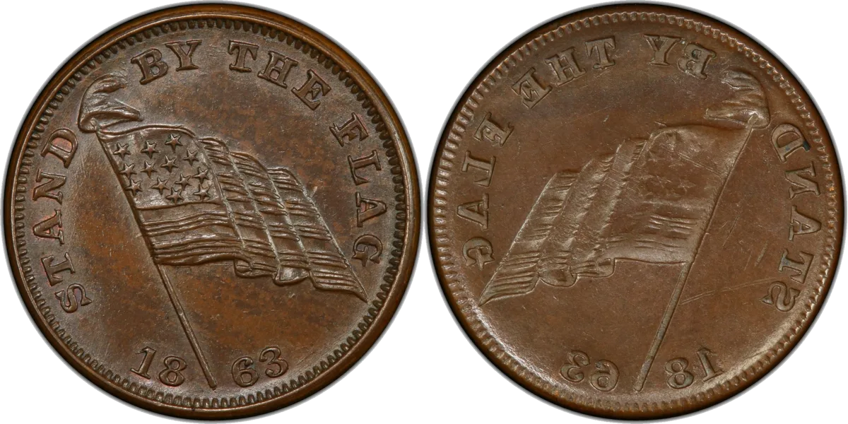 An 1863 Stand By The Flag token (Fuld 213): the normal side, and the full brockage on the back, sunk in and in mirror image.