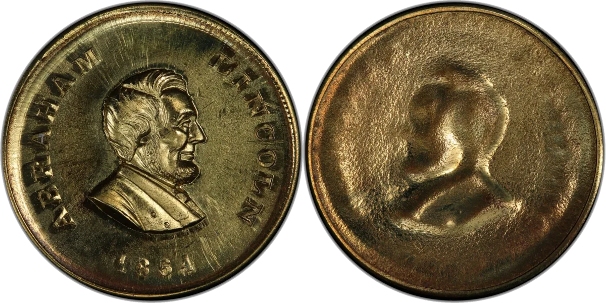 An 1864 Abraham Lincoln token (Fuld 131) with a partial brockage of the bust on the back.