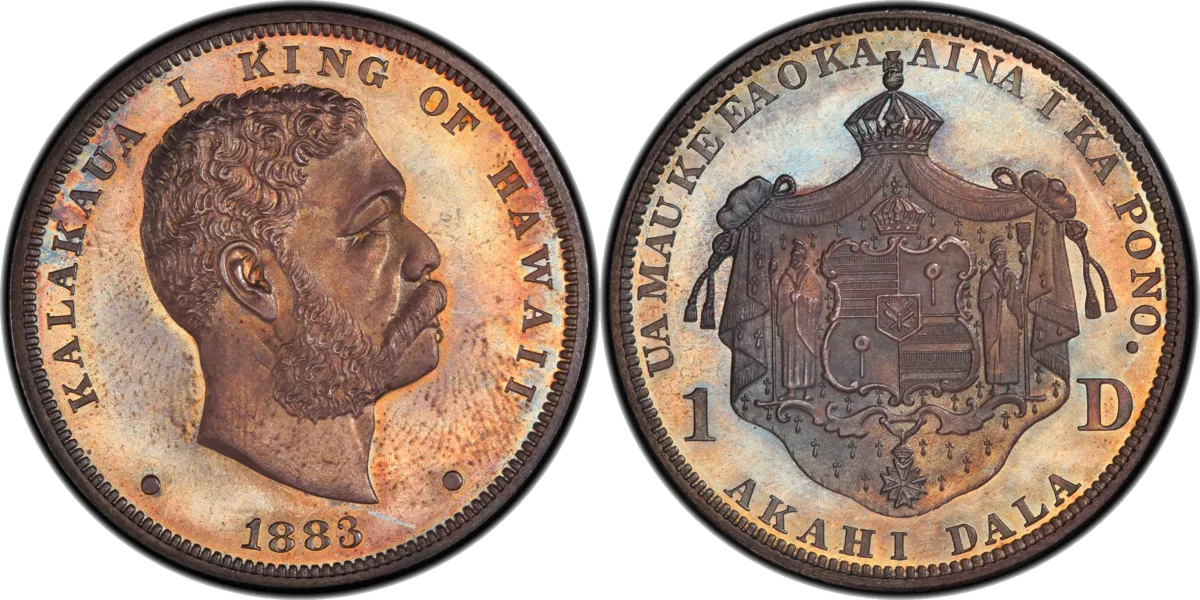 An 1883 Hawaii dollar: King Kalākaua on the front, the royal coat of arms and the motto on the back.
