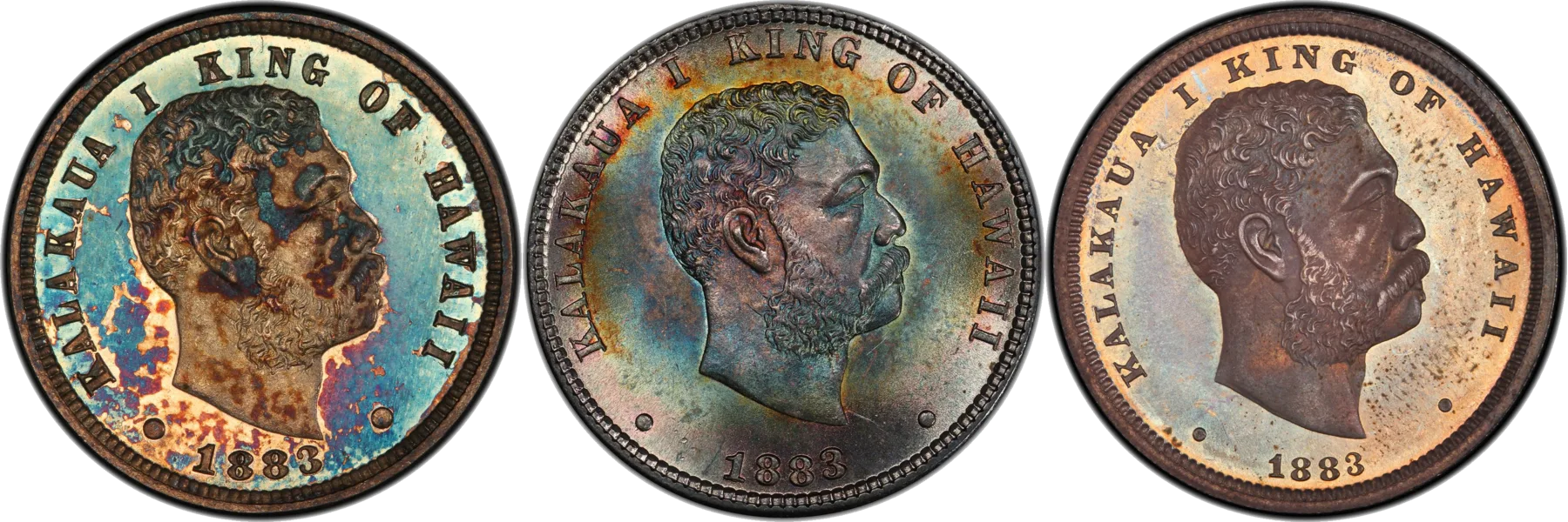 The 1883 Hawaii dime, quarter and half dollar, each with Kalākaua's portrait.