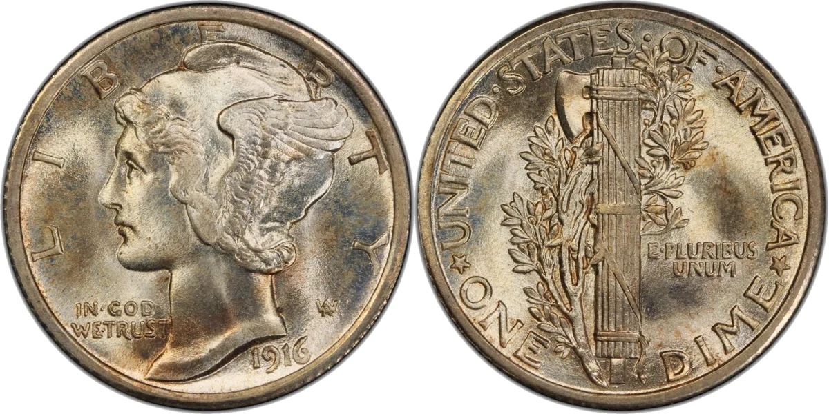A 1916 dime: Lady Liberty in a winged cap on the front, a bundle of rods and an olive branch on the back.