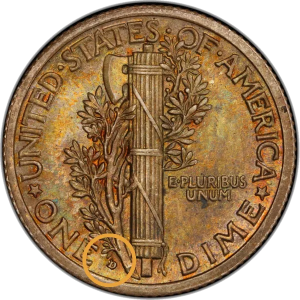 The back of a 1916-D dime, with the D at the base of the rods.